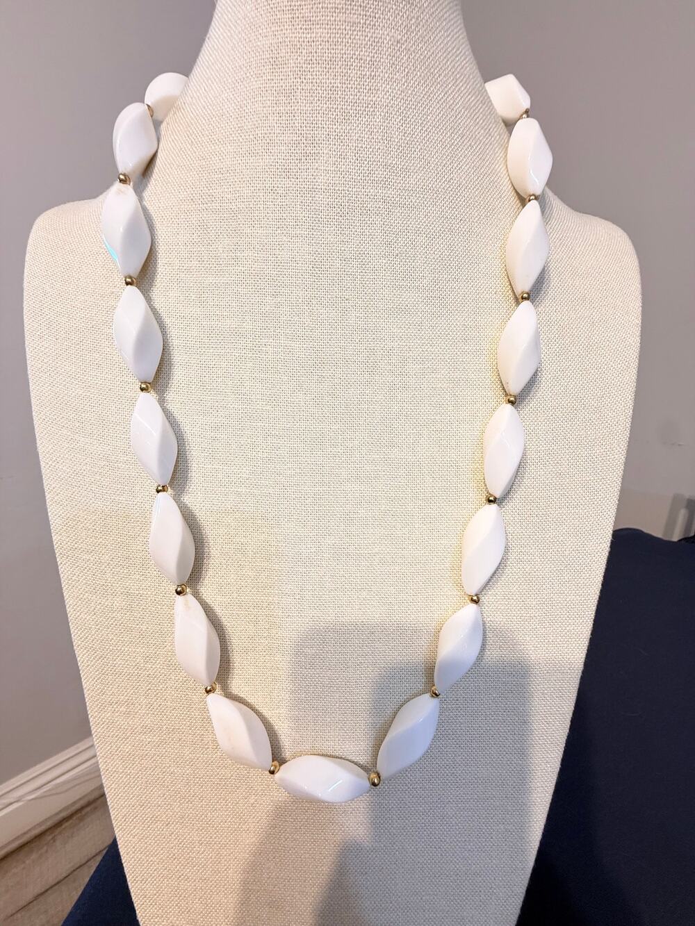 Vintage Trifari White Lucite Bead Necklace 28”